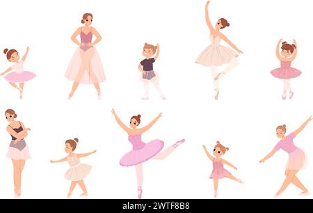 Female ballerinas. Cute girls dancers in dress and tutu skirts. Little girl dancing classic dance. Theater artists, classical snugly vector characters Stock Vector