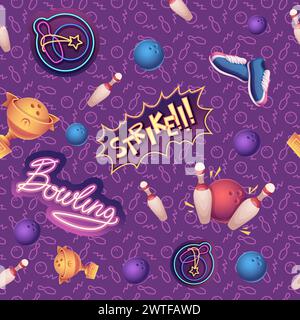 Bowling pattern skittles trophy cup and colored balls vector seamless background Stock Vector