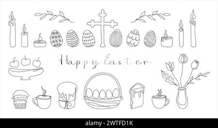 Easter Set in continuous one line style with design elements like Easter cakes, eggs, candles, cross, mugs, flowers, cupcake. Black and white vector. Clipart. Easter card with Happy Easter greeting. Stock Vector