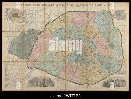 Nouveau plan complet illustré de la ville de Paris en 1865, divisé en 20 arrondissements / dressé par A. Vuillemin ; gravé par Ch. Dyonnet, 1865. Vuillemin, A. (Alexandre), 1812-, cartographer. [1865] Not in Vallée, who lists 11 editions between 1864 and 1892 (L. Vallée, Catalogue des plans de Paris, 3161-1371). Inset map of Paris area at upper left; scale not given, but 1:300,000 according to later editions. Inset 'Agrandissements de Paris' at upper right. Two vignettes at bottom margin represent assemblages of various monuments and buildings. Ruled in 267 squares for a separate street index, Stock Photo