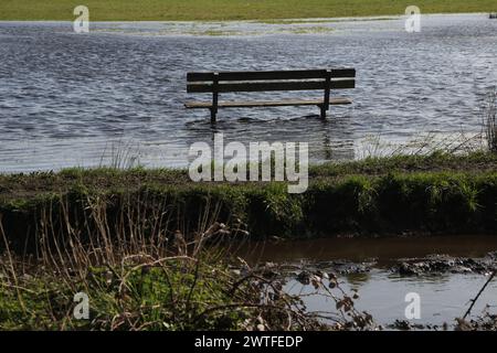 Park Bench Immersed in Flood water on Wimbledon Common Greater London England Stock Photo