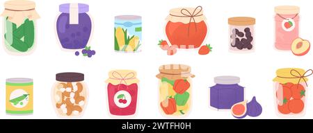 Homemade preserves. Marmalade, jam, pickles in glass jars. Sweet and salty natural food. Pepper, corns, tomatoes, strawberry and olives, racy vector Stock Vector