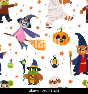 Halloween seamless pattern. Animals wear wizard and witch costumes, raccoon flying on broom. Childish carnival fabric print, classy vector background Stock Vector