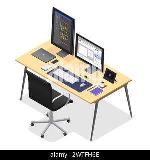Isometric workspace. Development or designer office place with computer, monitor and tablets. Work chair and laptop, programmer pithy vector space Stock Vector