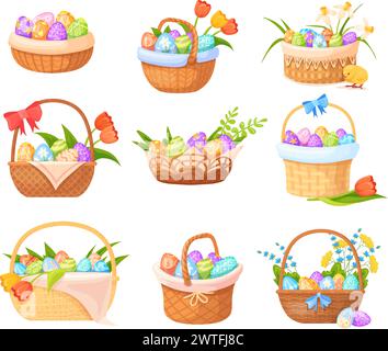 Easter wicker baskets. Straw basket with painted decorative eggs, spring flowers gift bow ribbon, colorful egg in brown hamper handle for picnic, cartoon neat vector illustration wicker Stock Vector