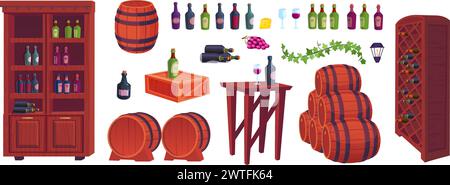 Cartoon wine cellar. Winery basement interior elements, wooden rack full shelving champagne bottles, barrels vine alcohol drink wood keg for farm vineyard room vector illustration of basement cellar Stock Vector