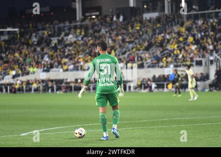 Columbus, Ohio, USA. 16th Mar, 2024. New York Red Bulls goalkeeper Carlos Coronel (31) handles the ball against the Columbus Crew in their match in Columbus, Ohio. Brent Clark/Cal Sport Media/Alamy Live News Stock Photo