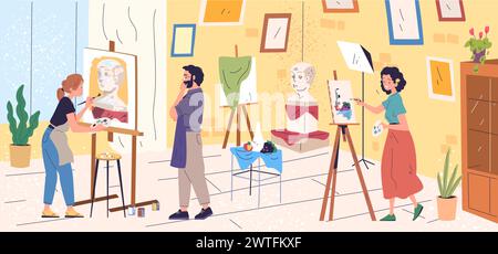 Painter workshop. Artists painting sculpture picture, art working mastering lessons in studio room, professional painters create drawing at easel, classy artist vector illustration of workshop painter Stock Vector