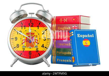 Spanish course, lessons concept. Books with alarm clock. Time to learn Spanish language, 3D rendering isolated on white background Stock Photo