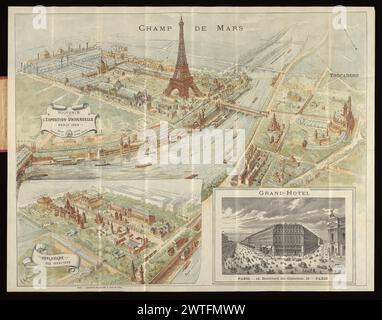 Souvenir de l'Exposition universelle, Paris, 1889, 1889. [1889] Main section, entitled 'Champ de Mars,' occupies upper two-thirds of sheet and shows main exposition area around the Eiffel Tower; it is oriented with north toward bottom. An inset at lower left, entitled 'Esplanade des Invalides,' is signed by A. Karl. Both these sections, printed green, blue, brown and black, show labelled exposition halls. A second inset at lower right is printed black on white and bears a perspective view of the Grand Hotel at 12, Boulevard des Capucines; it is signed by Gillot as engraver. 'Dessin déposé. Pro Stock Photo