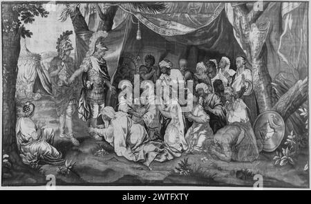 Family of Darius before Alexander. Le Brun, Charles (French, 1619-1690) (designed after) [painter] c. 1700-1750 Tapestry Dimensions: H 6'10' x W 11'2' Tapestry Materials/Techniques: unknown Culture: Flemish Weaving Center: unknown Ownership History: French & Co. purchased from Mrs. Richard W. Hawley 12/13/1952. Alexander accompanied by Hephaestion, both in armor with plumed helmets (L, middle ground); family of Darius under tent, kneel before Alexander (R, middle ground); tents (L, background) Borders missing (Cavallo). Stock sheet attributes Aubusson as weaving center. French & Co. stock shee Stock Photo