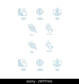 Medical AI Application Vector Icons Enhancing Patient Care and Diagnosis Stock Vector