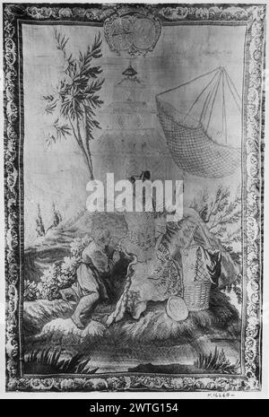 Fishing. Boucher, François (French, 1703-1770) (designed after) [painter] Dumons, Jean-Joseph (French, 1687-1779) (author of design, after Boucher) [painter] c. 1750-1780 Tapestry Materials/Techniques: unknown Culture: French Weaving Center: Aubusson Ownership History: French & Co. 2 fishermen in river landscape, one an old man holding large net next to young boy showing him an eel; pagoda in background (BRD) floral border interspersed with acanthus leaves & C-scrolled scallops; (UPR BRD) centered by baron's coat of arms impinging on field This is the right half only of the complete compositio Stock Photo