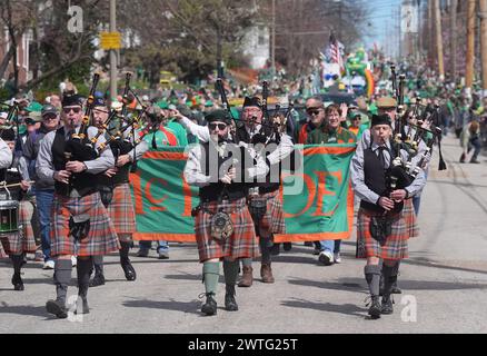 St. Louis, United States. 17th Mar, 2024. Bagpipers lead the Annual Ancient Order of Hibernians parade on St. Patricks Day in St. Louis on Sunday, March 17, 2024. Photo by Bill Greenblatt/UPI Credit: UPI/Alamy Live News Stock Photo