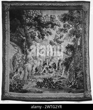 Clemency of Alexander. Le Brun, Charles (French, 1619-1690) (designed after) [painter] c. 1700-1725 Tapestry Dimensions: H 11'6' x W 10'3' Tapestry Materials/Techniques: unknown Culture: Flemish Ownership History: French & Co. received from P. Lorillard, invoiced 11/18/1929. United States, New York, New York, Harvard Club of New York City. Defeated King Porus, covered with wounds, comes before Alexander, who restores his dominions (BRD) abstracted acanthus-leaf motif with foliage moldings in each corner Composition reversed. French & Co. stock sheet in archive, 16706-d Related Works: Panels in Stock Photo