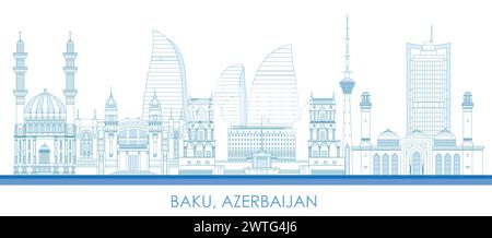 Outline Skyline panorama of town of Baku, Azerbaijan - vector illustration Stock Vector