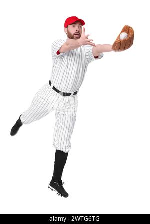 Baseball player catching ball on white background Stock Photo