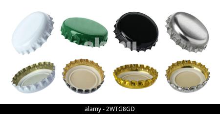 Different beer bottle caps isolated on white, set Stock Photo