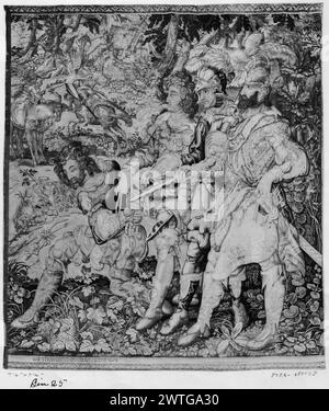 Capture of Orlando. Spierincx, Frans (Flemish, 1551-1630) (workshop) [weaver] c. 1610 Tapestry Dimensions: H 8'4' x W 7'4' Tapestry Materials/Techniques: wool Culture: Dutch Weaving Center: Delft Ownership History: French & Co. purchased from P.[Philip] L. Goodwin, invoiced 9/4/1923; sold to J. May 2/25/1928. , CaliforniaLos Angeles, Los Angeles County Museum of Art, accno. 47.17. Inscriptions: Woven signature in lower inner guard, left: FRANCISCVS SPIRINGIVS FECIT Orlando half-kneeling with hands tied in back & held in custody by 3 soldiers (foreground); combat of 3 knights (middle ground); s Stock Photo