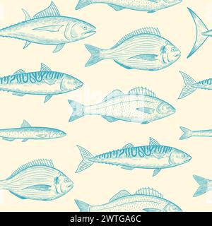Seamless pattern with sea fishes species. Seafood fish. Vector illustration in retro engraving style. Stock Vector