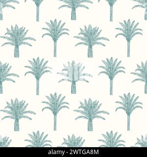 Seamless pattern with palm trees trees and leaves. Toile de Jouy retro engraving style. Stock Vector