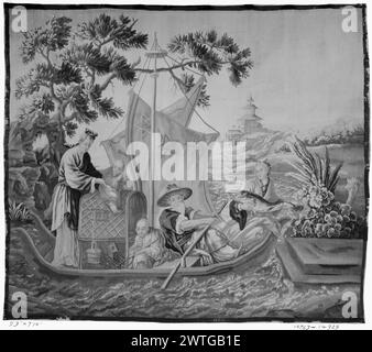 Fishing party. Boucher, François (French, 1703-1770) (designed after) [painter] Dumons, Jean-Joseph (French, 1687-1779) (author of design, after Boucher) [painter] Picon family (French, 1700/89-act. ca.1750) (workshop) [weaver] c. 1755-1770 Tapestry Dimensions: H 7'10' x W 9'3' Tapestry Materials/Techniques: unknown Culture: French Weaving Center: Aubusson Ownership History: French & Co. France, Paris, Paris, Gismondi Collection. Inscriptions: City mark in lower guard, center-right: M.R.D [Manufacture Royale d'Aubusson] Family of fishermen aboard dory docking at pier; bearded man rowing near c Stock Photo