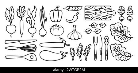Vegetables and kitchen utensils symbol cartoon set. Vegetable sign carrot, cucumber, lettuce, pepper or onion garlic etc. Hand drawn healthy diet farm product. Icon fresh vegetarian simple vector Stock Vector