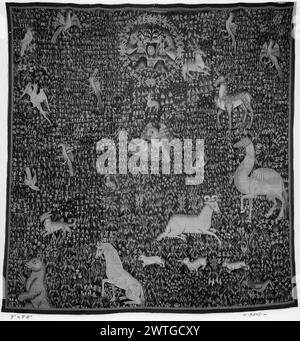 Millefleurs ground with armorial medallion, camel and other animals. unknown c. 1520 Tapestry Dimensions: H 9'8" x W 9' Tapestry Materials/Techniques: unknown Culture: Southern Netherlands Weaving Center: unknown Ownership History: French & Co. (5/1929, Rentschler). Medallion at top, surrounded by stag, miniature donkey, deer, camel, ram, horse, bear, squirrel, dog, rabbits & birds Borders missing. No French & Co. stock sheet in archive, no stock number Stock Photo