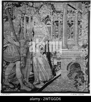 Hercules with Virtue. unknown c. 1600 Tapestry Dimensions: H 13'5" x W 10'9" Tapestry Materials/Techniques: unknown Culture: Flemish Weaving Center: Brussels Ownership History: French & Co. purchased from American Art Association (R. Tolentino sale), invoiced 1/31/1925. In garden with architectural backdrop, Hercules stands with his club & lion's skin next to female personification of Virtue (BRD) female figures seated & standing beneath miniature architectural framework, interspersed with bunches of flowers, fruit, small figures & grotesques (UPR & LWR BRD) central landscape scenes with figur Stock Photo