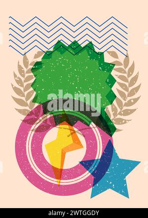Risograph Laurel Wreath with speech bubble with geometric shapes. Objects in trendy riso graph print texture style design with geometry elements. Stock Vector