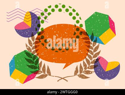 Risograph Laurel Wreath with speech bubble with geometric shapes. Objects in trendy riso graph print texture style design with geometry elements. Stock Vector