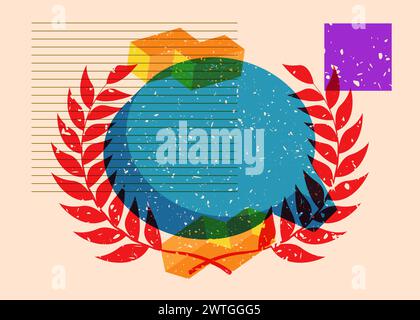 Risograph Laurel Wreath with speech bubble with geometric shapes. Objects in trendy riso graph print texture style design with geometry elements. Stock Vector