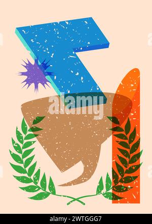 Risograph Laurel Wreath with speech bubble with geometric shapes. Objects in trendy riso graph print texture style design with geometry elements. Stock Vector