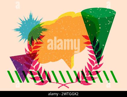Risograph Laurel Wreath with speech bubble with geometric shapes. Objects in trendy riso graph print texture style design with geometry elements. Stock Vector