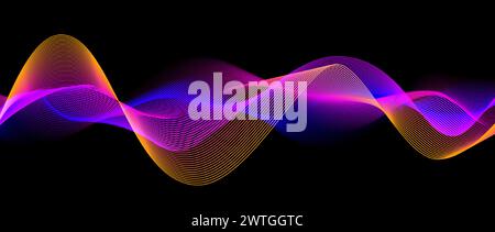 Neon flowing wavy lines on black background. Abstract sound wave design for ai concept, equalizer, audio record, voice assistant. Blue, pink orange gradient curve stripes. Vector wallpaper  Stock Vector