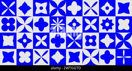 Seamless abstract flower shape pattern. Bold Swiss mosaic block forms in repeating background. Blue and grey graphic design floral elements for poster, cover, presentation, print, banner. Vector Stock Vector