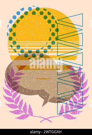 Risograph Laurel Wreath with speech bubble with geometric shapes. Objects in trendy riso graph print texture style design with geometry elements. Stock Vector