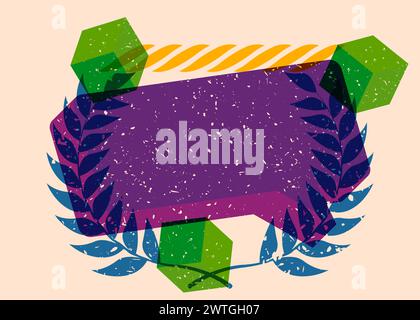 Risograph Laurel Wreath with speech bubble with geometric shapes. Objects in trendy riso graph print texture style design with geometry elements. Stock Vector