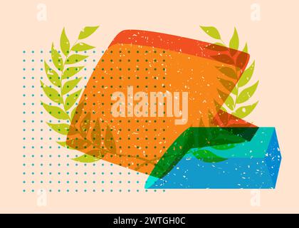 Risograph Laurel Wreath with speech bubble with geometric shapes. Objects in trendy riso graph print texture style design with geometry elements. Stock Vector