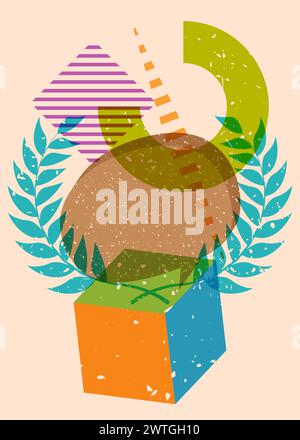 Risograph Laurel Wreath with speech bubble with geometric shapes. Objects in trendy riso graph print texture style design with geometry elements. Stock Vector