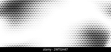 Hexagon halftone gradient texture. Abstract black grunge background. Geometric retro halftone tech overlay. Fading wavy hexagonal pattern backdrop. Vector vanishing honeycomb grunge bitmap wallpaper Stock Vector