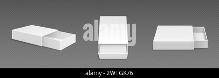 White blank open slide box mockup. Realistic vector illustration set of different view angles on empty rectangular matchbox or gift package of drawer type template. Slide carton pack with sleeve. Stock Vector