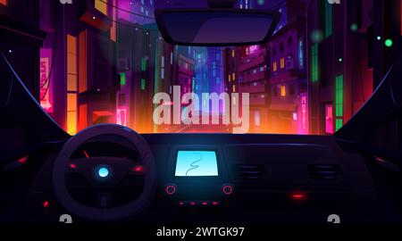 Car inside dashboard and future neon road view vector illustration. Cityscape drive with urban light street landscape and transport interior. Taxi gps navigation display in dark futuristic downtown. Stock Vector