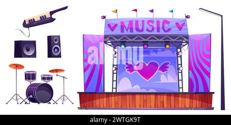 Outdoor music festival design elements set isolated on white background. Vector cartoon illustration of open air stage with heart sign on banner, drums, synthesizer, loudspeakers and street light Stock Vector