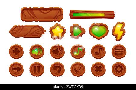 Cartoon game ui. Wooden elements and popup menu, buttons and icons. 2d ...
