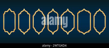 Golden Ramadan frame. Islamic window shapes with ornament. Muslim vector vintage border. Indian decoration for banner in oriental style. Stock Vector