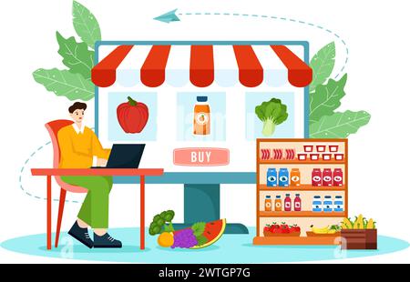 Online Grocery Store Vector Illustration with Food Product Shelves, Racks Dairy, Fruits and Drinks for Shopping Order via Telephone in Background Stock Vector