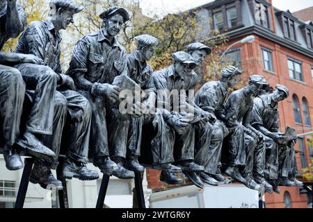 Close-up of a group of sculptures depicting construction workers on scaffolding, Manhattan, New York City, New York, USA, North America Stock Photo