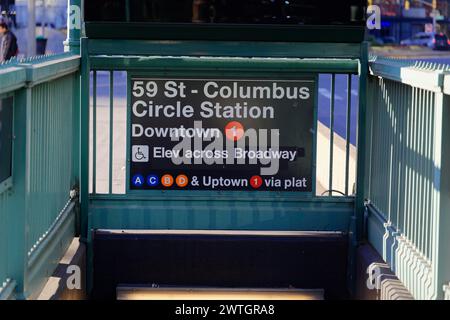 Entrance to the 59th Street Columbus Circle underground station in New York City, Manhattan, New York City, New York, USA, North America Stock Photo