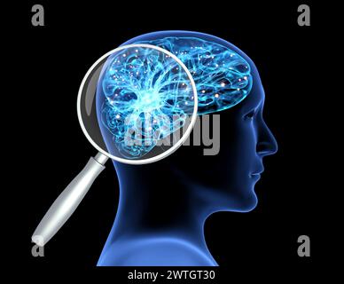 Power Of Mind, psychology and mental health concept. Magnifying glass and human head with a luminous brain network, electrical activity, flashes and l Stock Photo